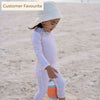 Toddler wearing a MIKOU full coverage UPF50+ swimsuit on a beach